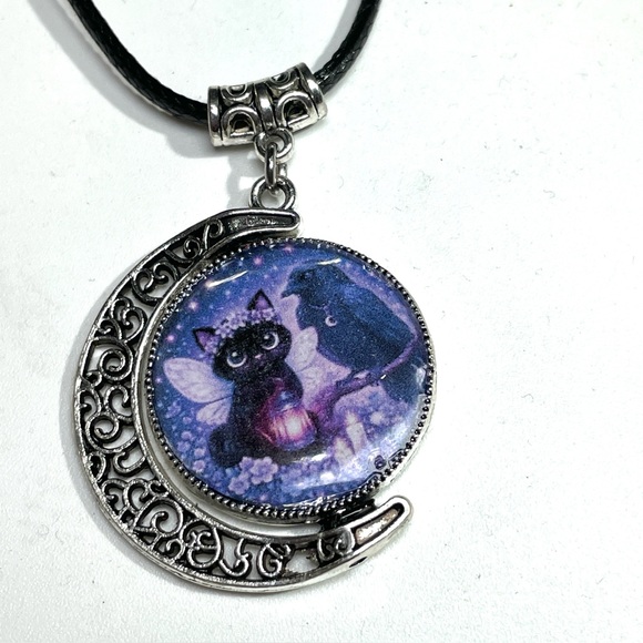 Artisan Jewelry - Double Black Cat Double Sided Moon Pendant - Gothic Witchy Jewelry -Artisan